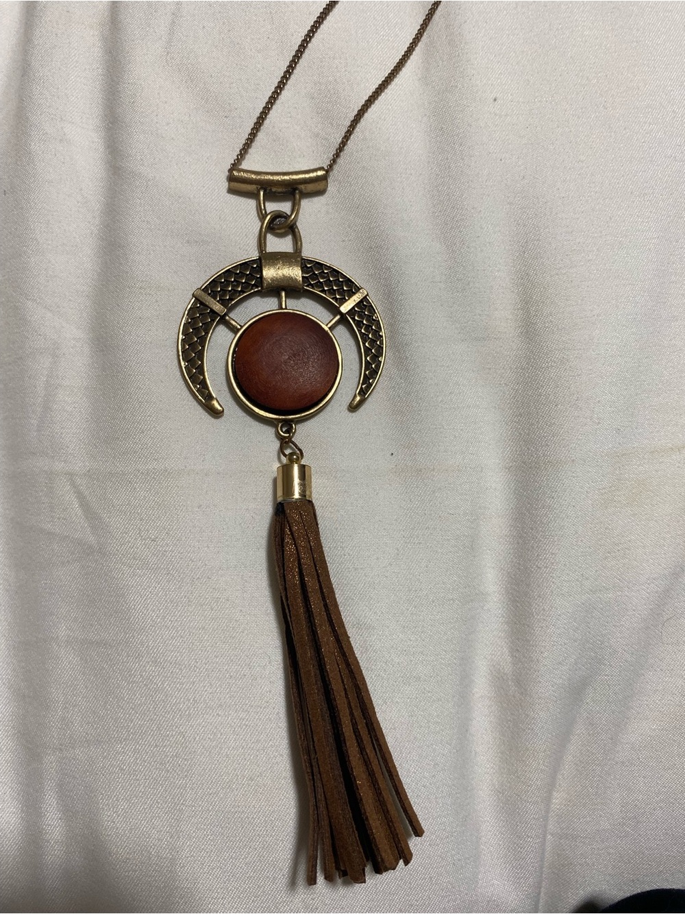 Gold-Tone Necklace with Brown Disc and Tassel
